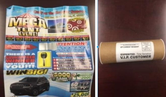 This "Mega Tent Event" car sale flyer and key packed into a pipe-shaped package caused a scare in Jackson County today as some residents called the sheriff's office to report a suspicious package. [CONTRIBUTED PHOTO]