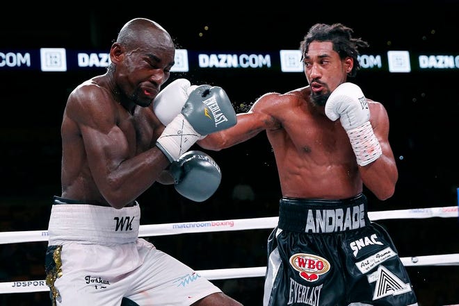 Demetrius Andrade lands a right on Walter Kautondokwa during a WBO middleweight championship boxing match in Boston in October.