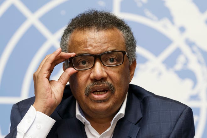 FILE - In this Tuesday Aug. 14, 2018 file photo, Tedros Adhanom Ghebreyesus, Director General of the World Health Organization (WHO), speaks during a press conference at the European headquarters of the United Nations in Geneva, Switzerland, on WHO Ebola operations in the Democratic Republic of the Congo (DRC). Tedros Adhanom Ghebreyesus has ordered an internal investigation into allegations the U.N. health agency is rife with racism, sexism and corruption, after a series of anonymous emails with the explosive charges were sent to top managers last year. (Salvatore Di Nolfi/keystone via AP, File)