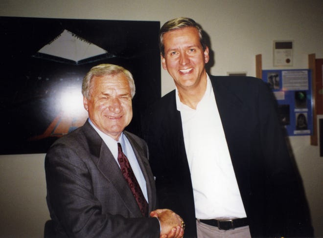 The Rev. David Chadwick with legendary UNC basketball coach Dean Smith. Chadwick played on the team from 1968-71 and in 2015 authored the book "It’s How You Play the Game: The 12 Leadership Principles of Dean Smith." [PROVIDED PHOTO]