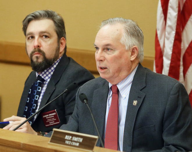 Rep. Jason Probst, D-Hutchinson, Ranking Minority Member on the House Rural Revitalizaion committee, left, and Rep. Don Hineman, R-Dighton, chairman of the House Rural Revitalization committee. [Thad Allton/The Capital-Journal],