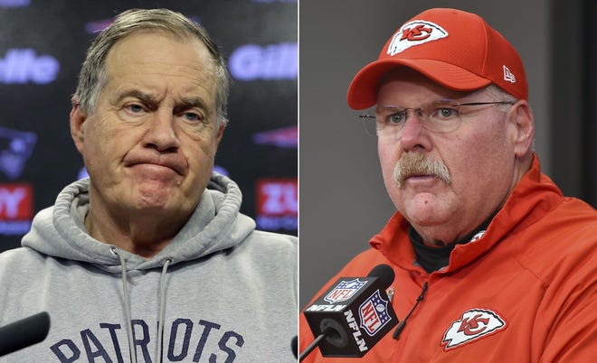 Bill Belichick, left, and the Patriots face Andy Reid and the Chiefs in the AFC Championship Sunday in Kansas City. [AP photos]