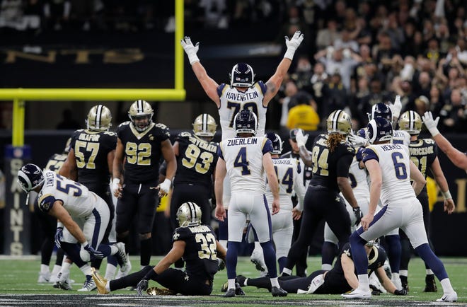 Los Angeles Rams kicker Greg Zuerlein reacts after his game-winning field goal in overtime of the NFL football NFC championship game against the New Orleans Saints, Sunday, Jan. 20, 2019, in New Orleans. The Rams won 26-23. (AP Photo/Carolyn Kaster)