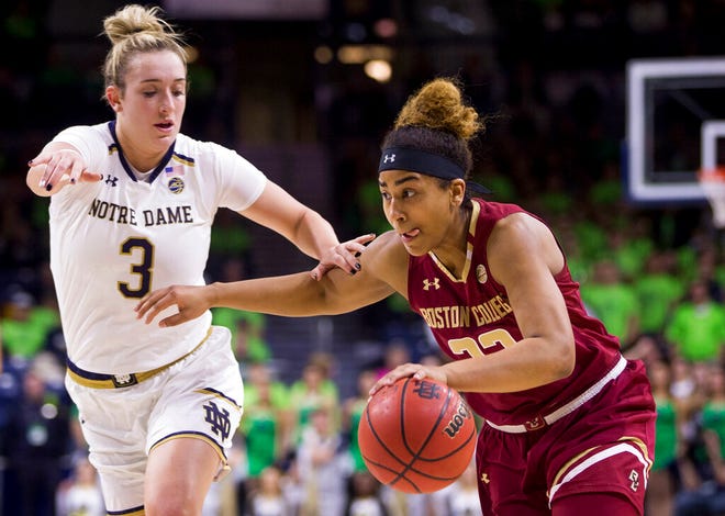 Boston College's Lana Hollingsworth, right, drives in next to Notre Dame's Marina Mabrey (3) during the first half of an NCAA college basketball game Sunday, Jan. 20, 2019, in South Bend, Ind. (AP Photo/Robert Franklin)