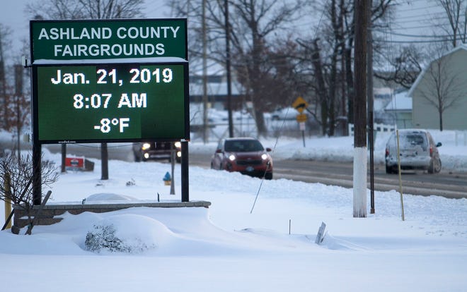 The Ashland County Fairgrounds sign read that the temperature Monday morning in Ashland was below zero.