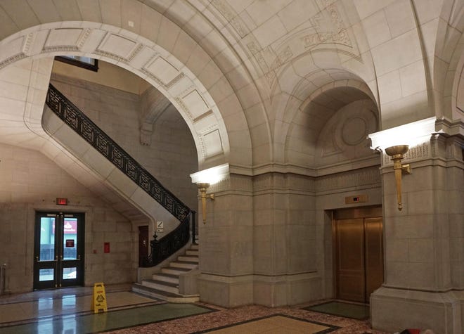 The lobby and stairway of U.S. District Court in Rhode Island. [Providence Journal File Photo]