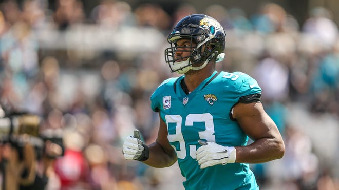 Jaguars defensive end Calais Campbell (93) runs onto the field to face the Houston Texans on Oct. 21 at TIAA Bank Field. [For The Florida Times-Union/Gary Lloyd McCullough]