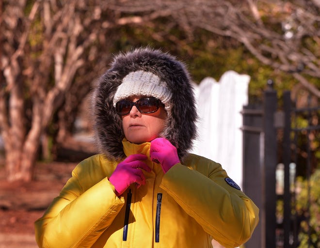 Nancy Kochenower bundles up as she takes a walk in the brisk weather near her home in Spartanburg on Tuesday. [TIM KIMZEY/Spartanburg Herald-Journal]