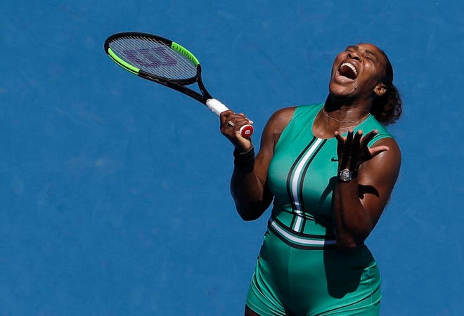 Serena Williams reacts after losing a point to Karolina Pliskova during their quarterfinal match at the Australian Open. (AP Photo/Mark Schiefelbein)