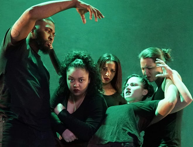 Everett Company members present "Good Grief," an exploration of coping with trauma. From left are Joseph Henderson, Laisha Crum, Tiana Whittington, Grace Bevilacqua and Justine Jungels. [Aaron Jungels]