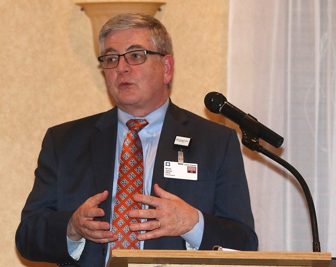 Cleveland Clinic Union Hospital CEO, Bruce James, received the 2018 Citizen of the Year award at the Tuscarawas County Chamber of Commerce, 60th annual Awards Banquet at Schoenbrunn Conference Center Wednesday. (TimesReporter.com / Jim Cummings)