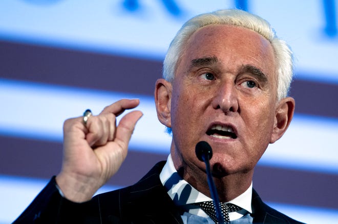 FILE - In this Dec. 6, 2018, file photo, Roger Stone speaks at the American Priority Conference in Washington. Stone, an associate of President Donald Trump, has been arrested in Florida. That's according to special counsel Robert Mueller's office, which says he faces charges including witness tampering, obstruction and false statements. Stone has been under scrutiny for months but has maintained his innocence. [AP Photo/Jose Luis Magana]