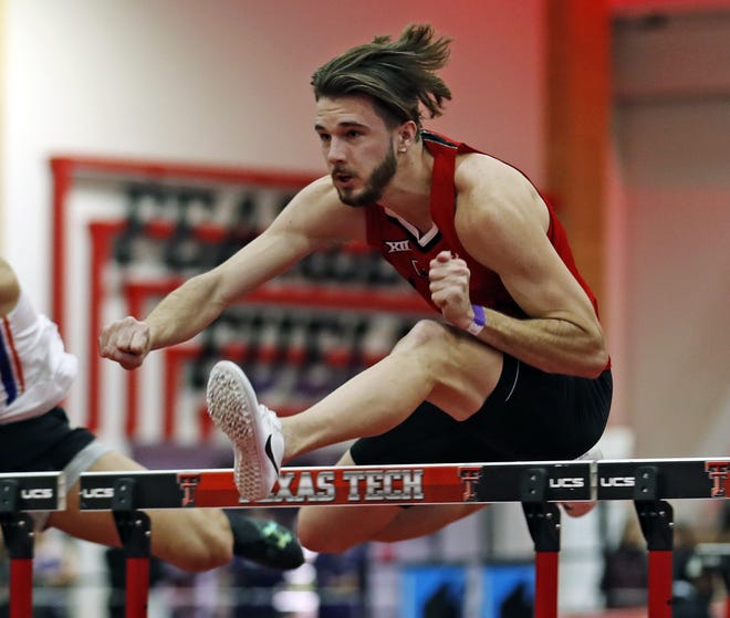 Texas Tech's Norman Grimes wins the 60-meter hurdles Friday in the Texas Tech Classic at the Sports Performance Center. The junior from Canyon ran a personel record 7.83 seconds, among the top 20 in the nation this season. [Brad Tollefson/A-J Media]