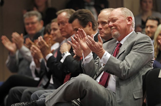 Dustin Womble claps as he is introduced before a Friday groundbreaking for the Dustin R. Womble Basketball Center in the City Bank Room at United Supermarkets Arena. The Dustin and Leisha Womble family provided a $10 million lead gift toward the $29.5 million facility. [Brad Tollefson/A-J Media]