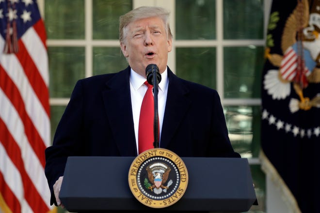 President Donald Trump speaks in the Rose Garden of the White House on Friday in Washington. Trump announced a deal for the government to reopen for three weeks, ending the longest shutdown. [Evan Vucci/The Associated Press]