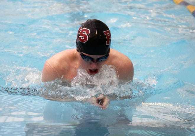 Portsmouth High School's Aaron Lundgren swims the breaststroke during Saturday's home meet with teams from St. Thomas, Goffstown, John Stark and Spaulding. [Ryan O'Leary/Seacoastonline]