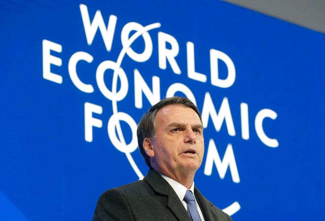 Jair Bolsonaro, President of Brazil, addresses the annual meeting of the World Economic Forum in Davos, Switzerland, Tuesday, Jan. 22, 2019.