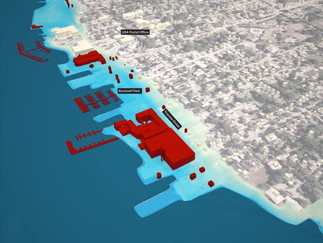 Predicted flooding of the Bristol water front from a 100-year storm with 0 sea level rise.

Orange to red structures indicate increased water damage. Light to dark blue water indicates increased depth.

University of Rhode Island study