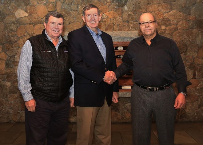The Golf Club at Sacconnesset has announced a new partnership with the Cape & Islands Veterans Outreach Center. From left to right, Bill Cotter, chairman, TGCS for the Troops, Lt. Col. William Burke (retired), president of the Cape and Islands Veterans Outreach Center Board of Directors and Ted Pasquarello, board member of the golf club. [Submitted photo]