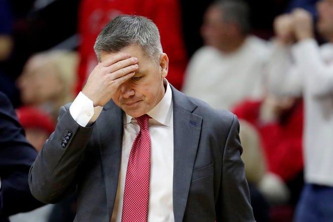 Ohio State head coach Chris Holtmann reacts during a timeout in the second half of the Buckeyes' loss against Rutgers on Jan. 9. [Julio Cortez/The Associated Press]