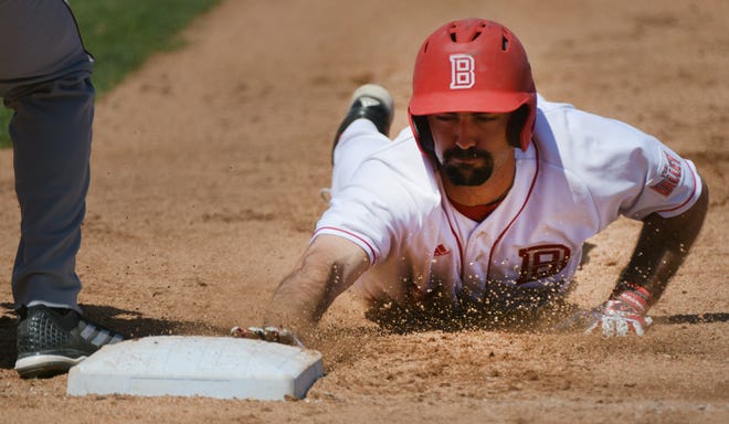 In this file photo, Bradley baseball player Andy Shadid dives back to first base on a pickoff attempt by Missouri State in a Missouri Valley Conference game on Sunday, April 29, 2018 at Dozer Park. MATT DAYHOFF/JOURNAL STAR FILE PHOTO