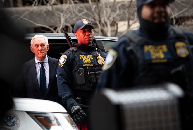 Roger Stone, longtime friend of President Trump, arrives at the federal courthouse Tuesday in Washington. MUST CREDIT: [Calla Kessler/Washington Post]
