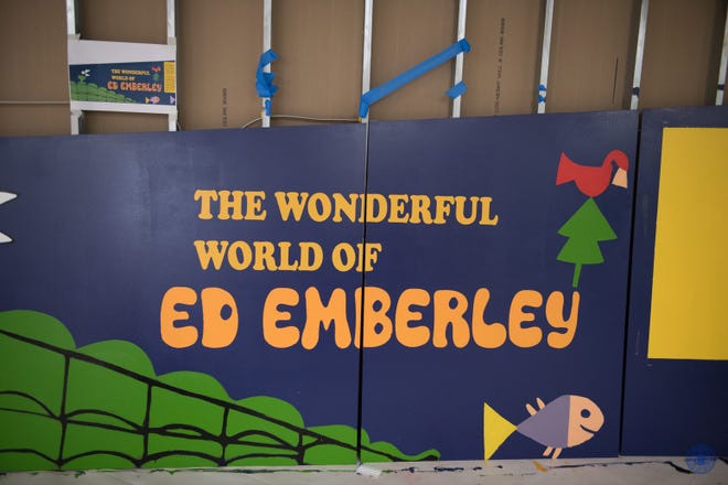 The Ed Emberley mural under construction, which was the first such mural on the new Malden ARTLine. [Photo courtesy City of Malden]