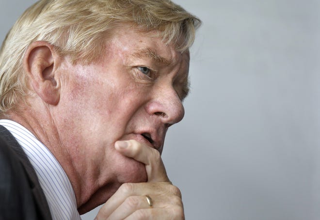 FILE - In this Sept. 8, 2016, file photo, former Massachusetts Republican Gov. William Weld takes questions from members of the media on the campus of Emerson College in Boston. Weld, who was on the Libertarian ticket for vice president in 2016, says he may run for president in 2020 as a Republican. (AP Photo/Steven Senne, File)