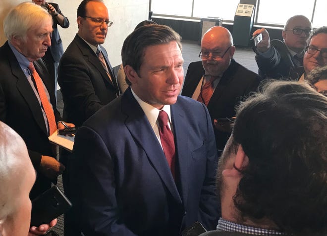 Gov. Ron DeSantis speaks to reporters in Tallahassee during a forum organized by the Associated Press. [GEORGE BENNETT/palmbeachpost.com]