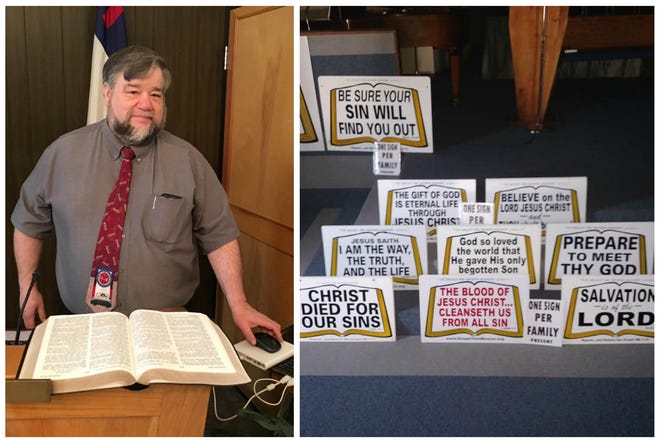 Rev. Richard Reid, pastor of the North Baptist Church in Brockton, on Feb. 2, 2018, in this Enterprise file photo. Reid is now leading the "Gospel Text Mission," spreading law signs with Biblical messages on them (right). This weekend, Reid's group will have 90 volunteers with signs at the Super Bowl in Atlanta.



(Enterprise file, Facebook)