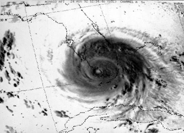 Satellite view of Hurricane Andrew sweeping across south Florida. Photographed on August 24, 1992 at 12:34:46 (UTC). (State Archives of Florida)