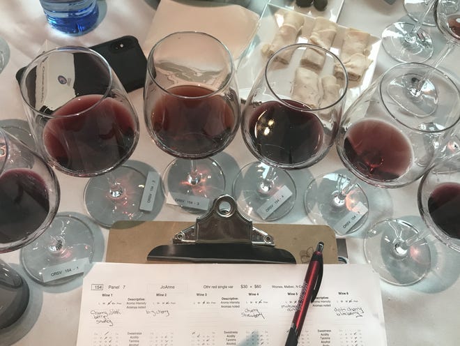 A flight of red wines ready to be scored by judges at the American Fine Wine Competition 2019. [Photo by JoAnn Actis-Grande]