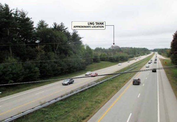 Liberty Utilities depicts how its proposed liquefied natural gas storage tank in West Epping would be seen from the Beede Hill Road overpass along Route 101. [Courtesy image]
