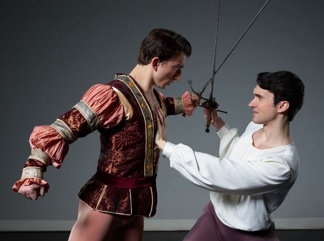 Live-action sword fighting is part of the emotional action in Eugene Ballet's upcoming "Romeo & Juliet" production. [Ari Denison]