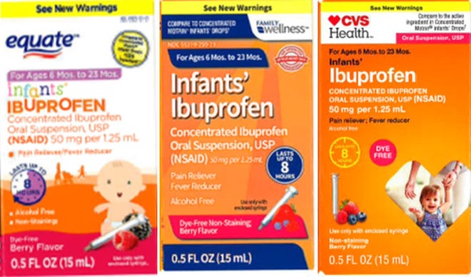 Tris Pharma has announced a voluntary recall of infant ibuprofen, including the Equate and CVS Health brand names. [Images courtesy of Tris Pharma]