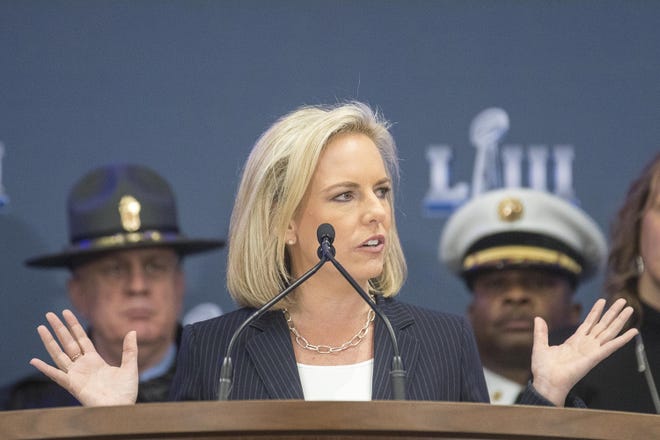 Kirstjen Nielsen, Secretary of Homeland Security, speaks during the overview of public safety press conference for Super Bowl 53 at the Georgia World Congress Center in Atlanta on Wednesday. (Alyssa Pointer/Atlanta Journal-Constitution/TNS)
