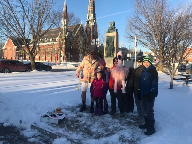 A group of children joins Leominster Mayor Dean Mazzarella after Featherstone and a newly added female friend saw their shadows on the Leominster common Friday morning, Feb. 1. [SUBMITTED PHOTO]