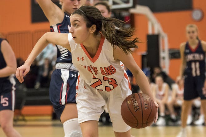 Wayland junior Isabella Arenas, shown dribbling the ball during a game earlier this season against Lincoln-Sudbury, scored 15 points in the Warriors overtime victory over Waltham. [Daily News and Wicked Local Staff File Photo/Ruby Wallau]
