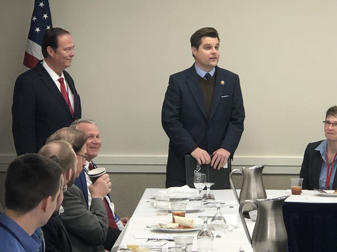 U.S. Rep. Matt Gaetz talks to guests at a luncheon Thursday during the Air Force Contracting Summit at the Sandestin Hilton. Before the luncheon, Gaetz lauded the deal that will bring nearly $500 million to Florida to help pay for debris cleanup from Hurricane Michael. [JIM THOMPSON/DAILY NEWS]