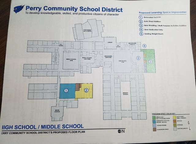 The proposed floor plan for the wrestling/multi-purpose and industrial tech additions. PHOTO SUBMITTED TO THE PERRY CHIEF
