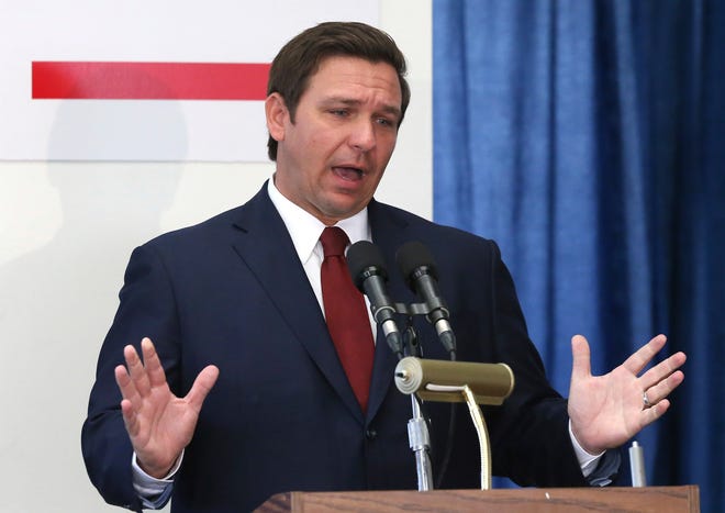 Florida Gov. Ron DeSantis speaks at a pre-legislative news conference on Wednesday in Tallahassee. DeSantis unveiled his first budget proposal Friday as Florida governor – a $91.3 billion spending package. [STEVE CANNON/THE ASSOCIATED PRESS]