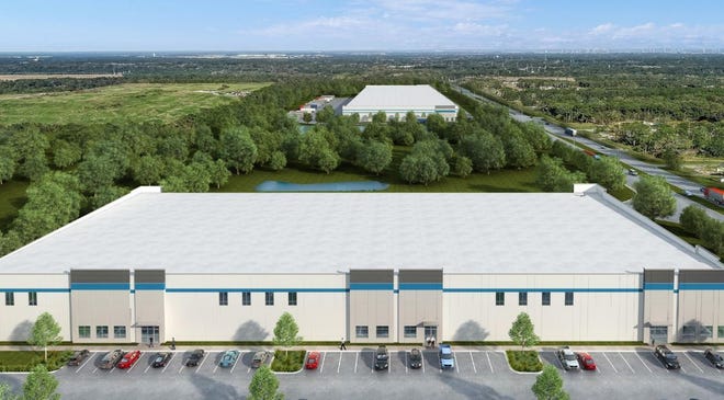 This rendering shows site 1 and site 2 of the planned Dean Forest Commerce a 450,000 square-foot industrial park at 1315 Dean Forest Rd. Both buildings are expected to be delivered in late 2019. [Rendering courtesy of Dean Forest Commerce]