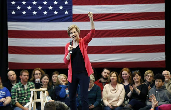 FILE - In this Jan. 12, 2019, file photo, Sen. Elizabeth Warren, D-Mass., speaks during an organizing event at Manchester Community College in Manchester, N.H. (AP Photo/Michael Dwyer, File)