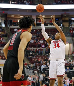 Ohio State Buckeyes forward Kaleb Wesson (34) hits a three pointer against Rutgers Scarlet Knights during the 1st half of their game at Value City Arena in Columbus, Ohio on February 2, 2019. [Kyle Robertson/Dispatch]