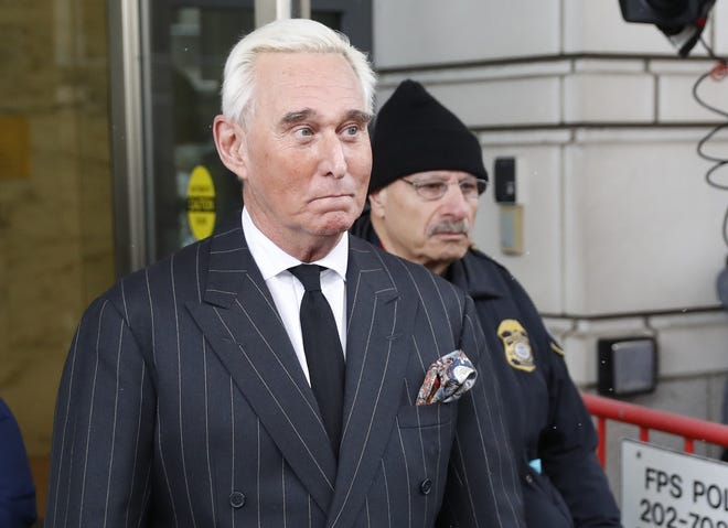 Former campaign adviser for President Donald Trump, Roger Stone, leaves federal court in Washington, Friday, Feb. 1, 2019. Stone was back in court in the special counsel's Russia investigation as prosecutors say they have recovered "voluminous and complex" potential evidence in the case, including financial records, emails and computer hard drives. [AP Photo/Pablo Martinez Monsivais]
