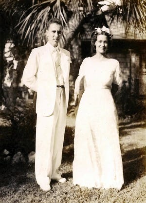 Archie and Marjorie Carr at their troth-pledging ceremony where they revealed to their families that they had actually been married for four months. [Photo courtesy of Mimi Carr]