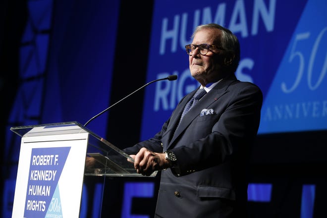 Jjournalist Tom Brokaw, shown here speaking during the Robert F. Kennedy Human Rights Ripple of Hope Awards ceremony in New York last December, says he feels terrible that he offended some Hispanics with his comments on "Meet the Press" last Sunday. Among other things, Brokaw said Hispanics should work harder at assimilation. (Associated Press / Jason DeCrow)