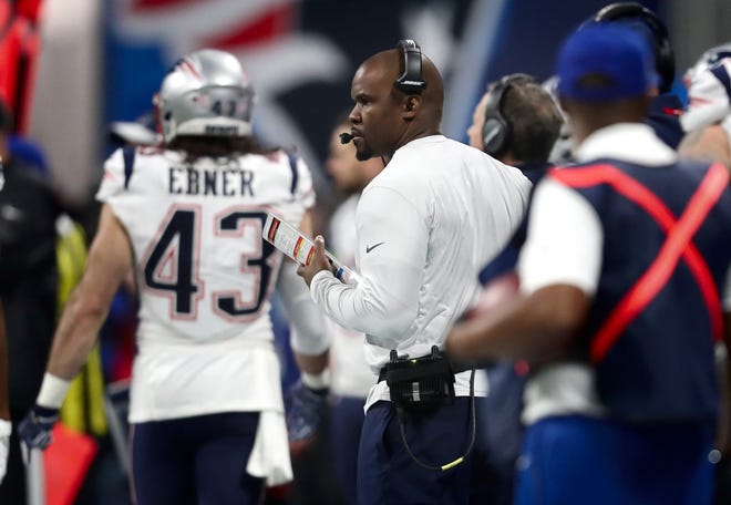 Soon-to-be Dolphins coach Brian Flores on the Patriots sidelines during Super Bowl LIII. [bob breidenbach/The Providence Journal]