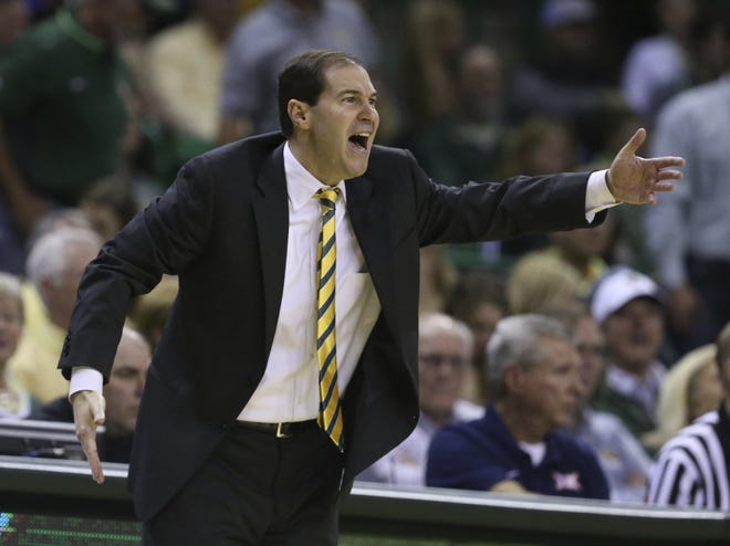 Baylor head coach Scott Drew has his Bears tied for first in the Big 12 men's basketball standings. Not bad, considering Baylor was voted ninth in the league's preseason poll. [ROD AYDELOTTE/WACO TRIBUNE-HERALD]