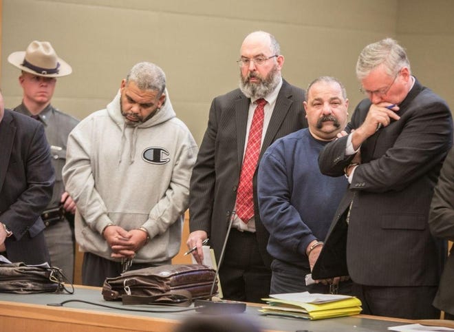 Flanked by their lawyers, Joel Gamble, left, and Dominick Guardino are arraigned on drug charges. [ALLYSE PULLIAM/FOR THE TIMES HERALD-RECORD]